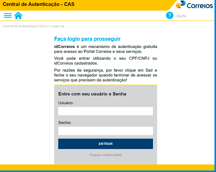 Tela de login com o título "central de autenticação - CAS" e mostrando dois campos: usuário e senha.