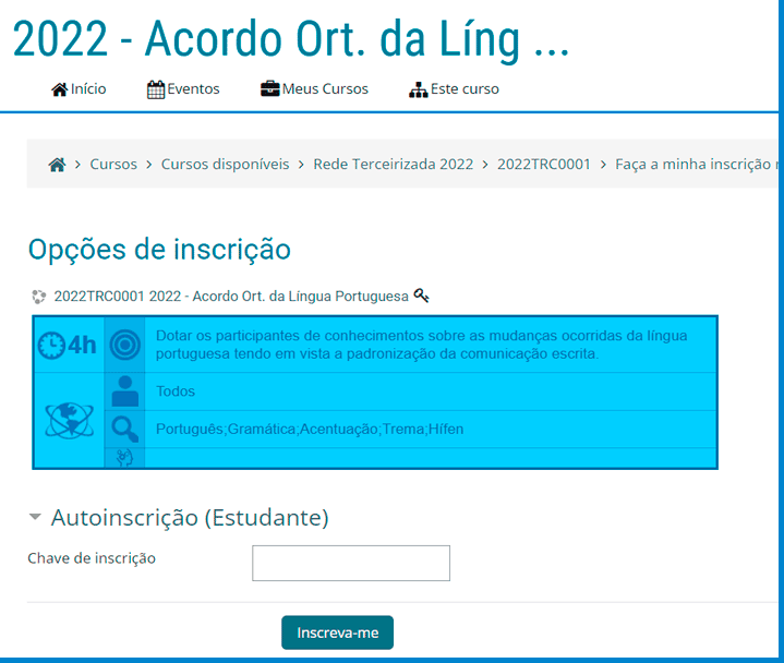 detalhe de tela de inscrição do curso "acordo ortográfico da língua portuguesa"